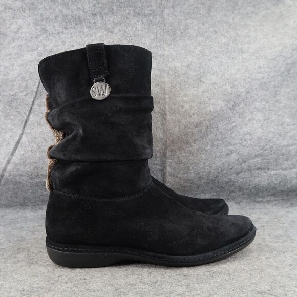 Stuart Weitzman Shoes Womens 7.5 Slouch Boot Short Leather Pull On Black Classic - Picture 16 of 16